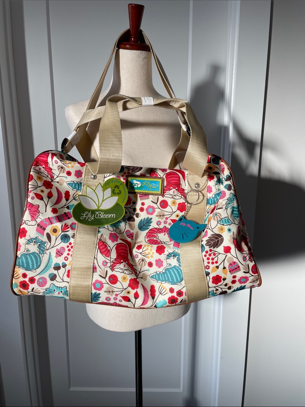 Lily Bloom Cream Canvas Weekender with Pink and Teal Floral Print